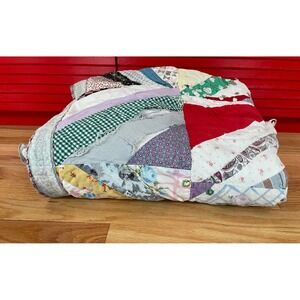 Vintage Handmade Crazy Quilt Multi-Color Patchwork Folk Art Cutter Quilt 74x66